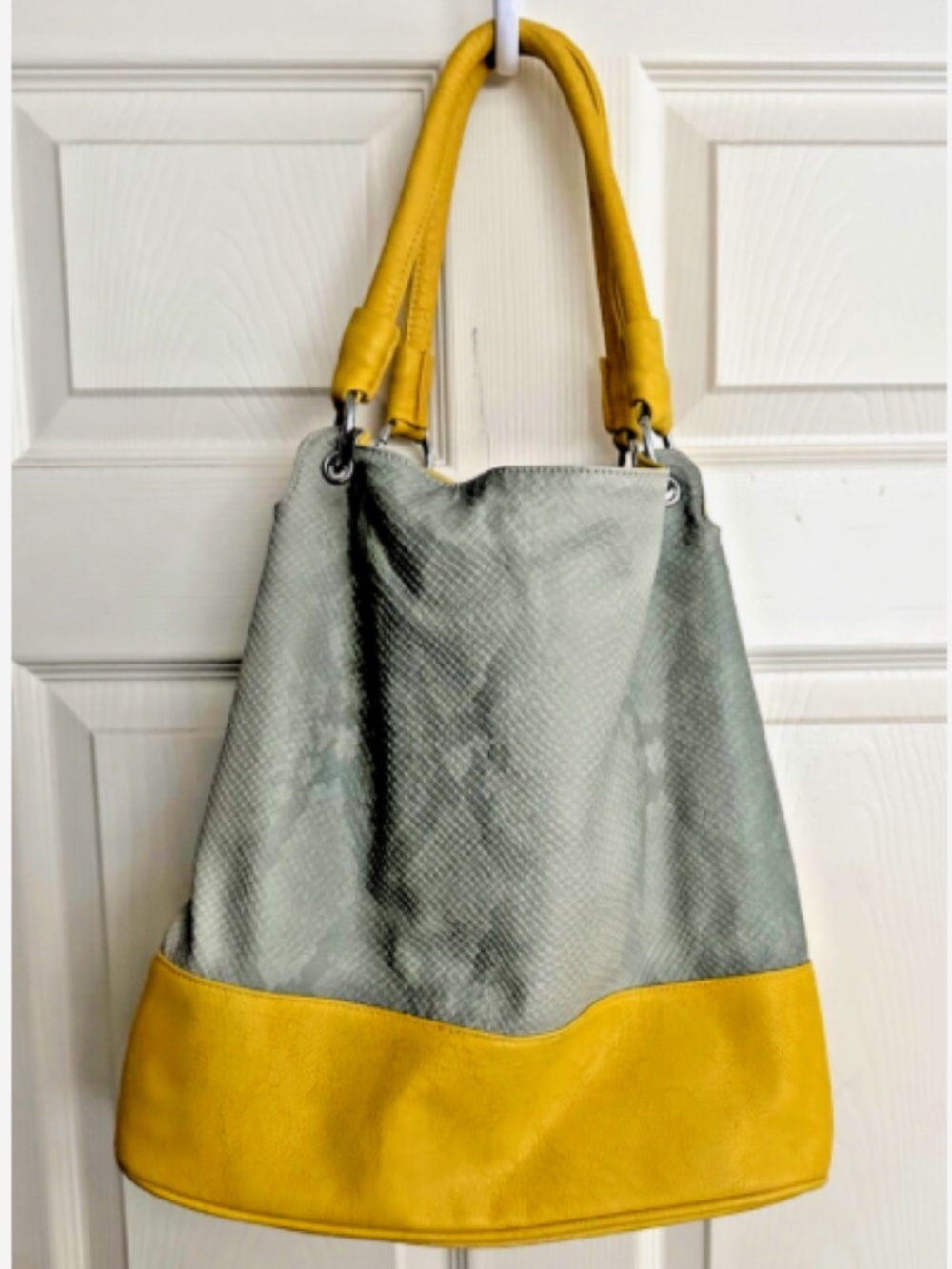 Yellow Leather Hobo Bag Purse Shoulder Straps Gray Suede Snake pattern ShiraLeah